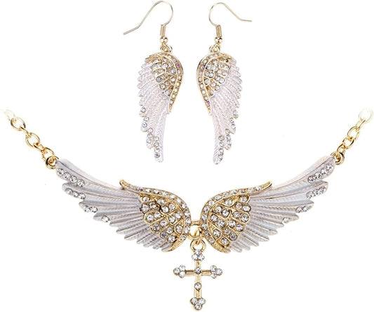 Jewelry Women'S Crystal Guardian Angel Wings Cross Choker Pendant Necklaces 18"+2" Gold Earrings & Necklace