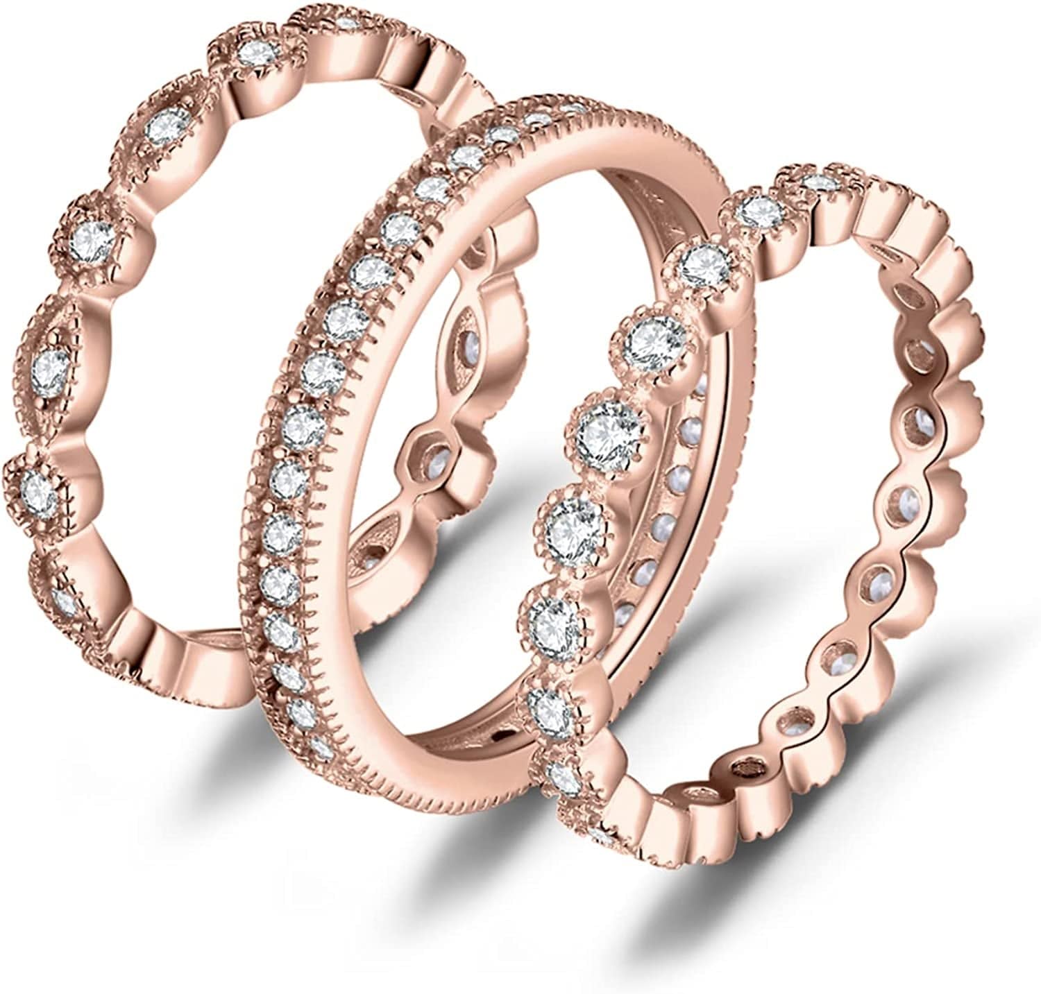 Jewelrypalace 14K Gold Plated 925 Sterling Silver Rings for Women, Cubic Zirconia Promise Rings for Her, Stackable Wedding Bands Rings for Women Set Size 4-12 5 Rose Gold Plated Type Set / 5