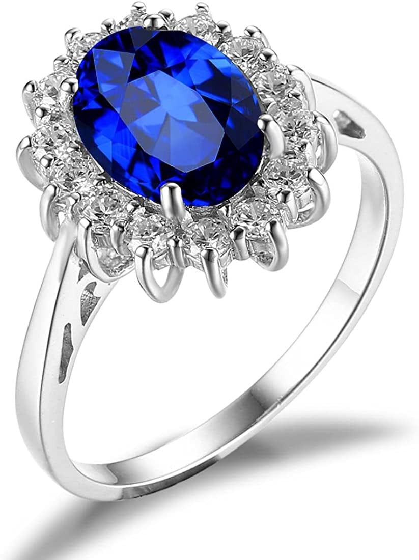 Jewelrypalace Princess Diana Kate Middleton Class Gemstone Birthstone Sapphire Emerald Halo Statement Engagement Rings for Women, Anniversary 14K Gold Plated 925 Sterling Silver Promise Rings for Her 6.5 / 1-created- sapphire