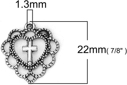 Jgfinds Cross Charm Pendants - 130 Pack (30 of Heart, 50 Each of Crosses) Old Style Filigree Look, Silver Tone, ⅞ Inch, DIY Jewelry Making Supplies