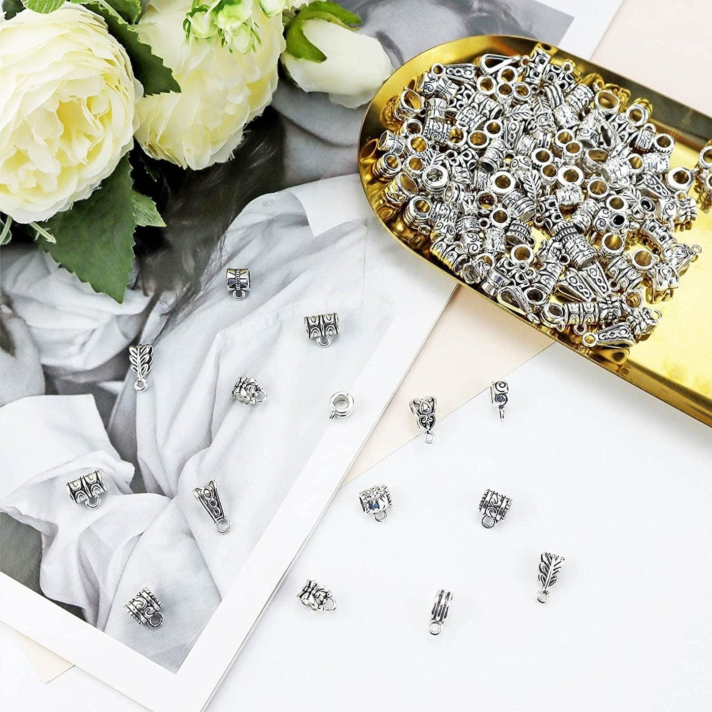 JIALEEY 125 Piece Mixed Antique Tibetan Silver Bail Tube Beads, Bail Beads, Spacer Bead, Bead Hanger Fit Charm European Bracelet Pendant Jewelry Making