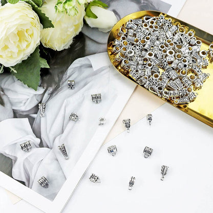 JIALEEY 125 Piece Mixed Antique Tibetan Silver Bail Tube Beads, Bail Beads, Spacer Bead, Bead Hanger Fit Charm European Bracelet Pendant Jewelry Making