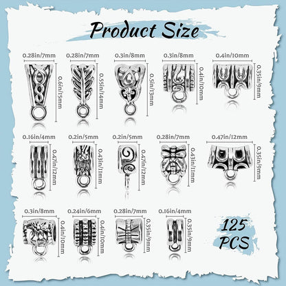 JIALEEY 125 Piece Mixed Antique Tibetan Silver Bail Tube Beads, Bail Beads, Spacer Bead, Bead Hanger Fit Charm European Bracelet Pendant Jewelry Making