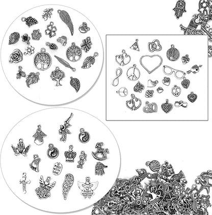 JIALEEY 200 PCS Wholesale Bulk Lots Jewelry Making Charms Mixed Smooth Tibetan Silver Metal Charms Pendants DIY for Necklace Bracelet Jewelry Making and Crafting