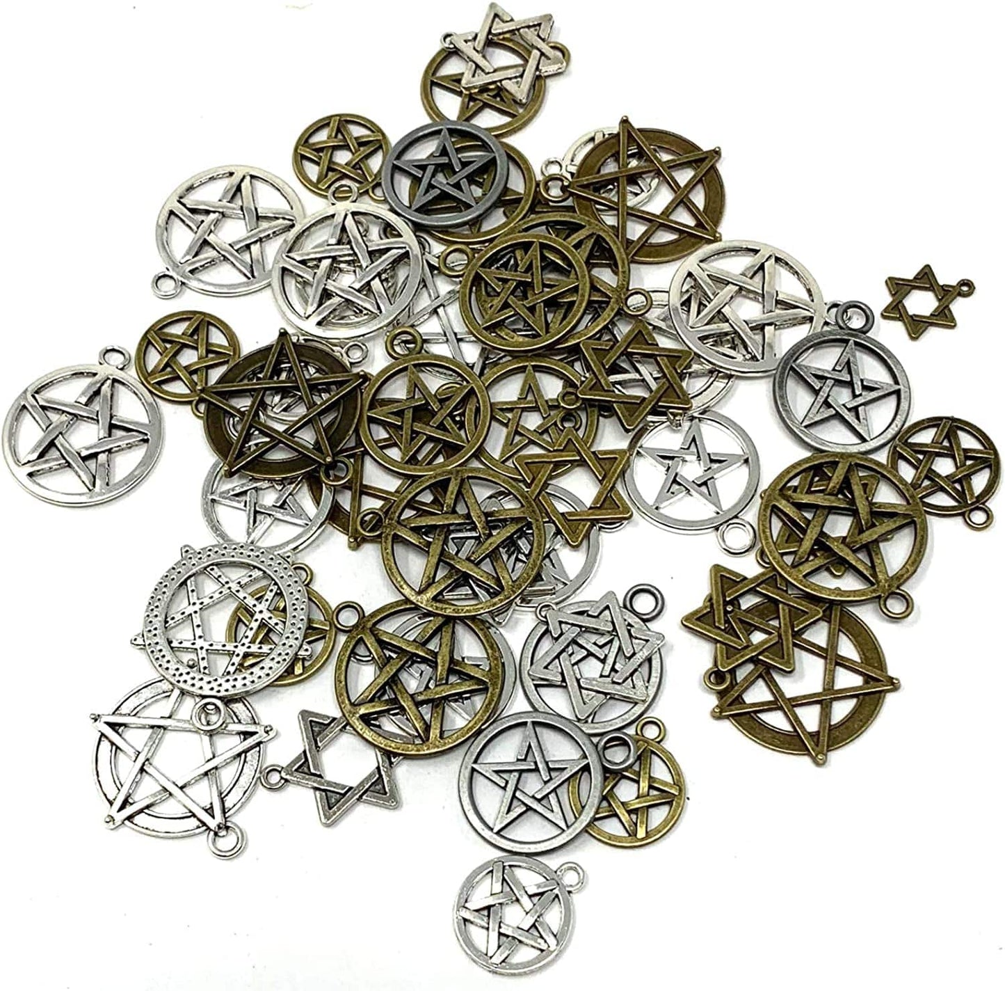 JIALEEY 48Pcs Mixed Magic Pentacle Hexagram Star Protection Lucky Charms Pendants DIY for Necklace Bracelet Jewelry Making, Antique Silver Bronze