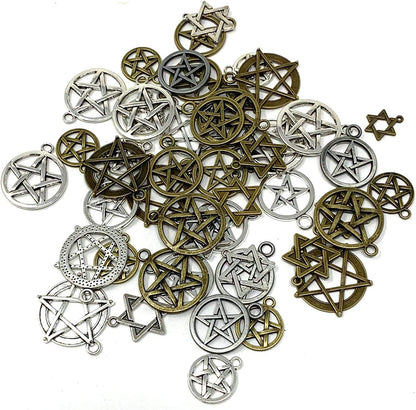 JIALEEY 48Pcs Mixed Magic Pentacle Hexagram Star Protection Lucky Charms Pendants DIY for Necklace Bracelet Jewelry Making, Antique Silver Bronze