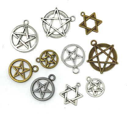 JIALEEY 48Pcs Mixed Magic Pentacle Hexagram Star Protection Lucky Charms Pendants DIY for Necklace Bracelet Jewelry Making, Antique Silver Bronze