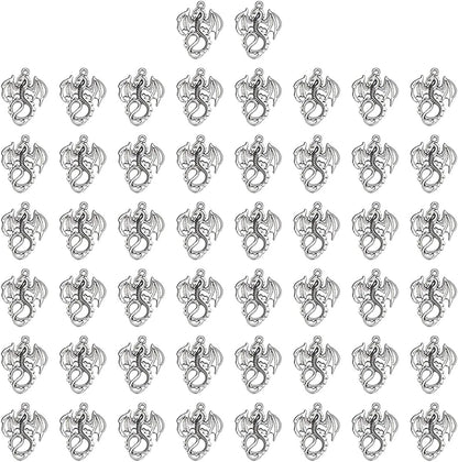 JIALEEY 50PCS Dragon Charm Flying Courage Pendant for DIY Jewelry Making Necklace Bracelet Accessaries, Antique Silver 21X16Mm