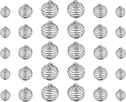JIALEEY Spiral Bead Cages Pendants, 30 Pcs 3 Sizes Silver Plated Stone Holder Necklace Cage Pendants Findings for Jewelry Making and Crafting