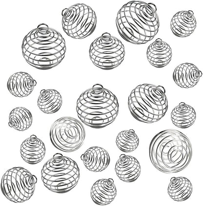 JIALEEY Spiral Bead Cages Pendants, 30 Pcs 3 Sizes Silver Plated Stone Holder Necklace Cage Pendants Findings for Jewelry Making and Crafting