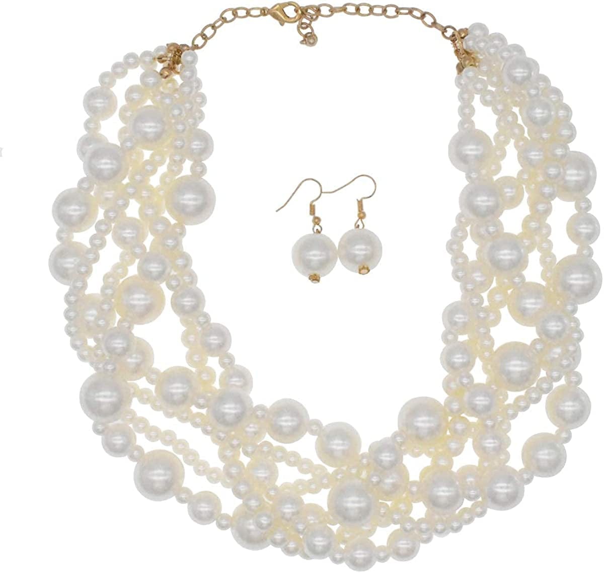 JNF Large Big Pearl Necklace and Earring Set Multi Strand Pearl Necklace Costume Jewelry Chunky Pearls Necklaces for Women white pearls