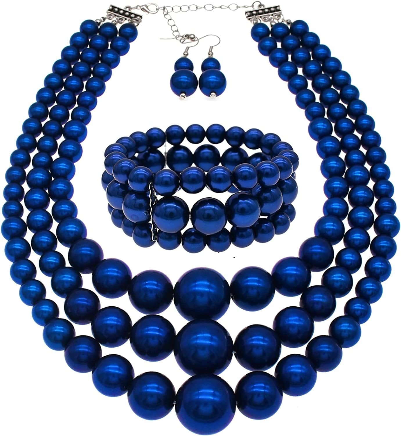 JNF Large Big Pearl Necklace and Earring Set Multi Strand Pearl Necklace Costume Jewelry Chunky Pearls Necklaces for Women royal blue pearl necklace set