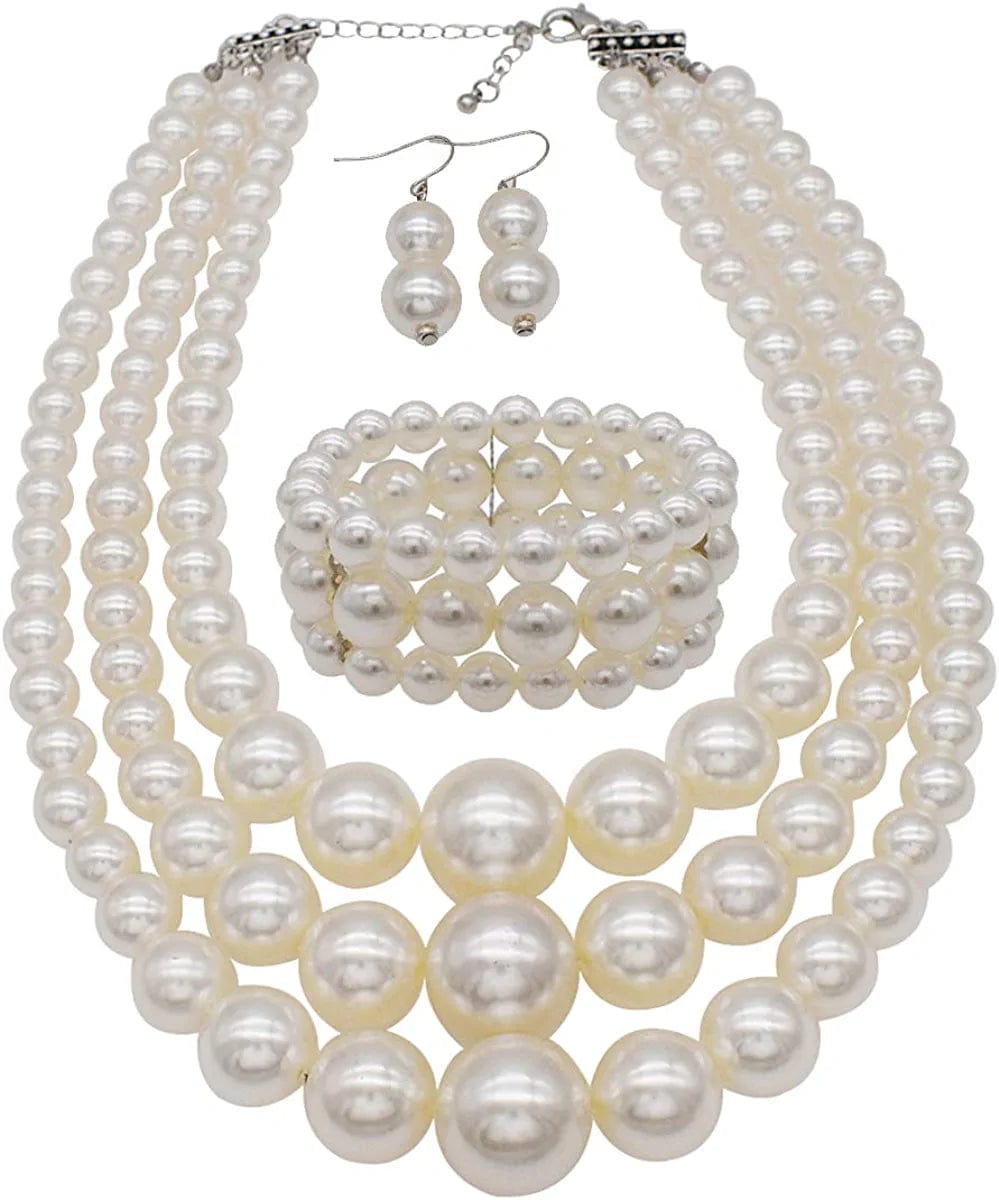 JNF Large Big Pearl Necklace and Earring Set Multi Strand Pearl Necklace Costume Jewelry Chunky Pearls Necklaces for Women white pearl necklace set