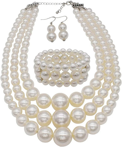 JNF Large Big Pearl Necklace and Earring Set Multi Strand Pearl Necklace Costume Jewelry Chunky Pearls Necklaces for Women white pearl necklace set