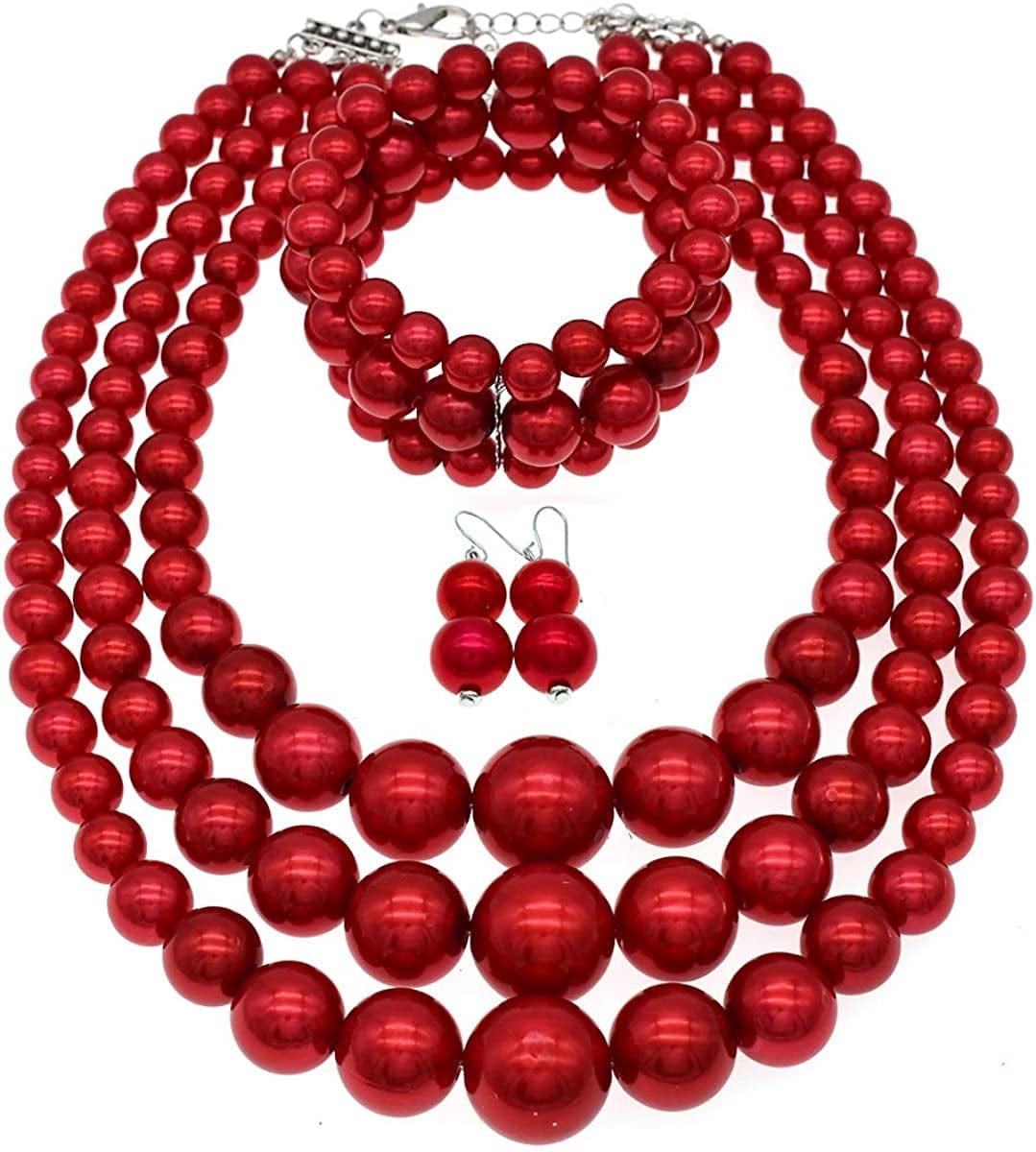 JNF Large Big Pearl Necklace and Earring Set Multi Strand Pearl Necklace Costume Jewelry Chunky Pearls Necklaces for Women Red pearl necklace set