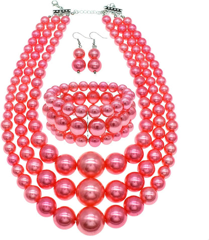 JNF Large Big Pearl Necklace and Earring Set Multi Strand Pearl Necklace Costume Jewelry Chunky Pearls Necklaces for Women peach pearl necklace set