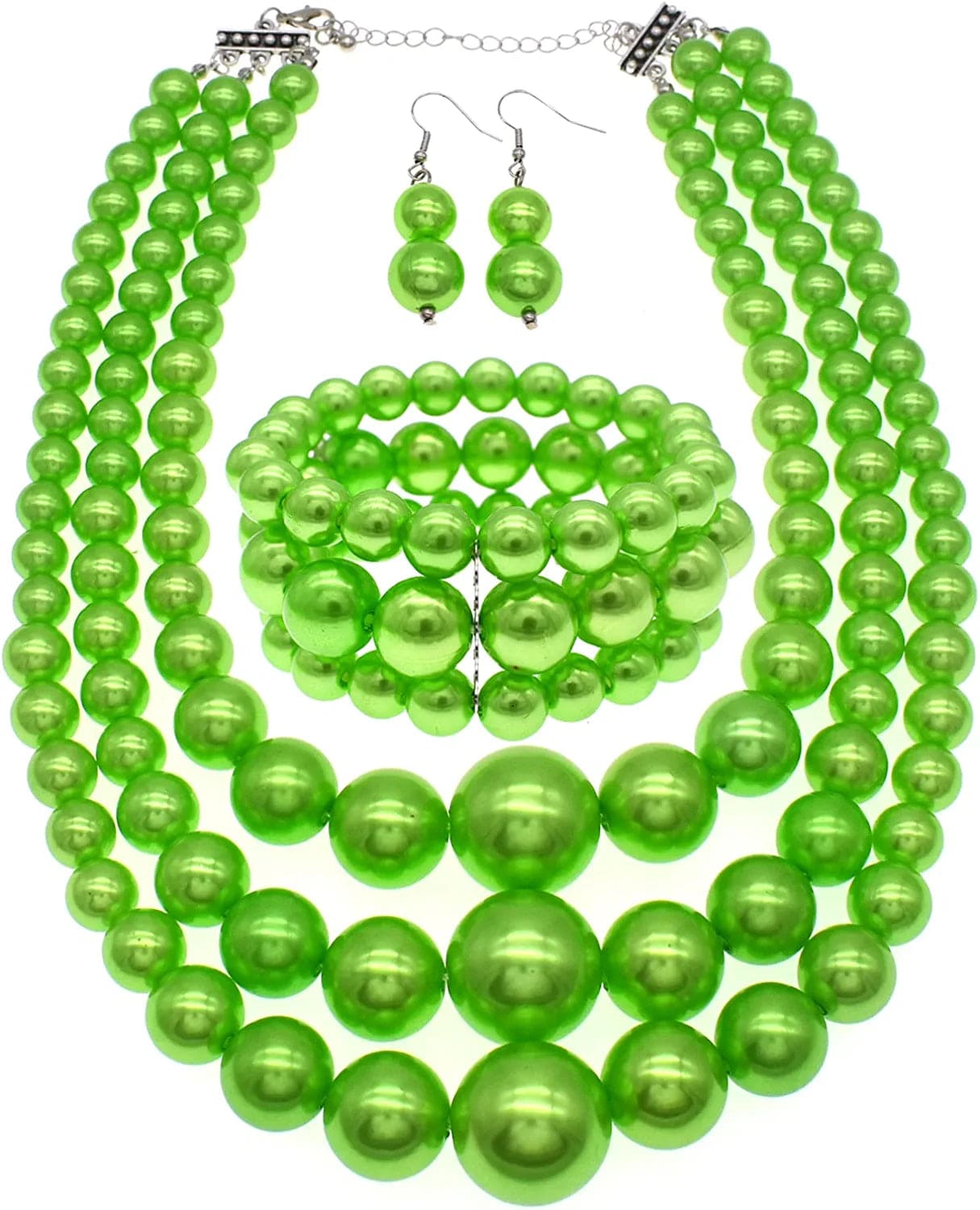 JNF Large Big Pearl Necklace and Earring Set Multi Strand Pearl Necklace Costume Jewelry Chunky Pearls Necklaces for Women bright green pearl necklace set