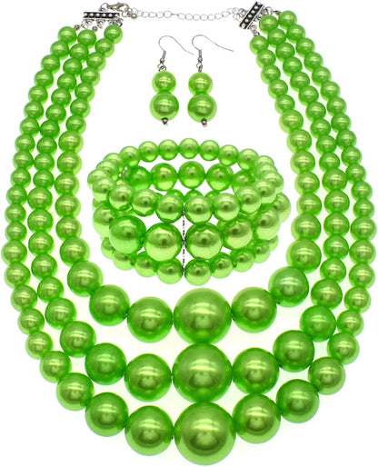 JNF Large Big Pearl Necklace and Earring Set Multi Strand Pearl Necklace Costume Jewelry Chunky Pearls Necklaces for Women bright green pearl necklace set