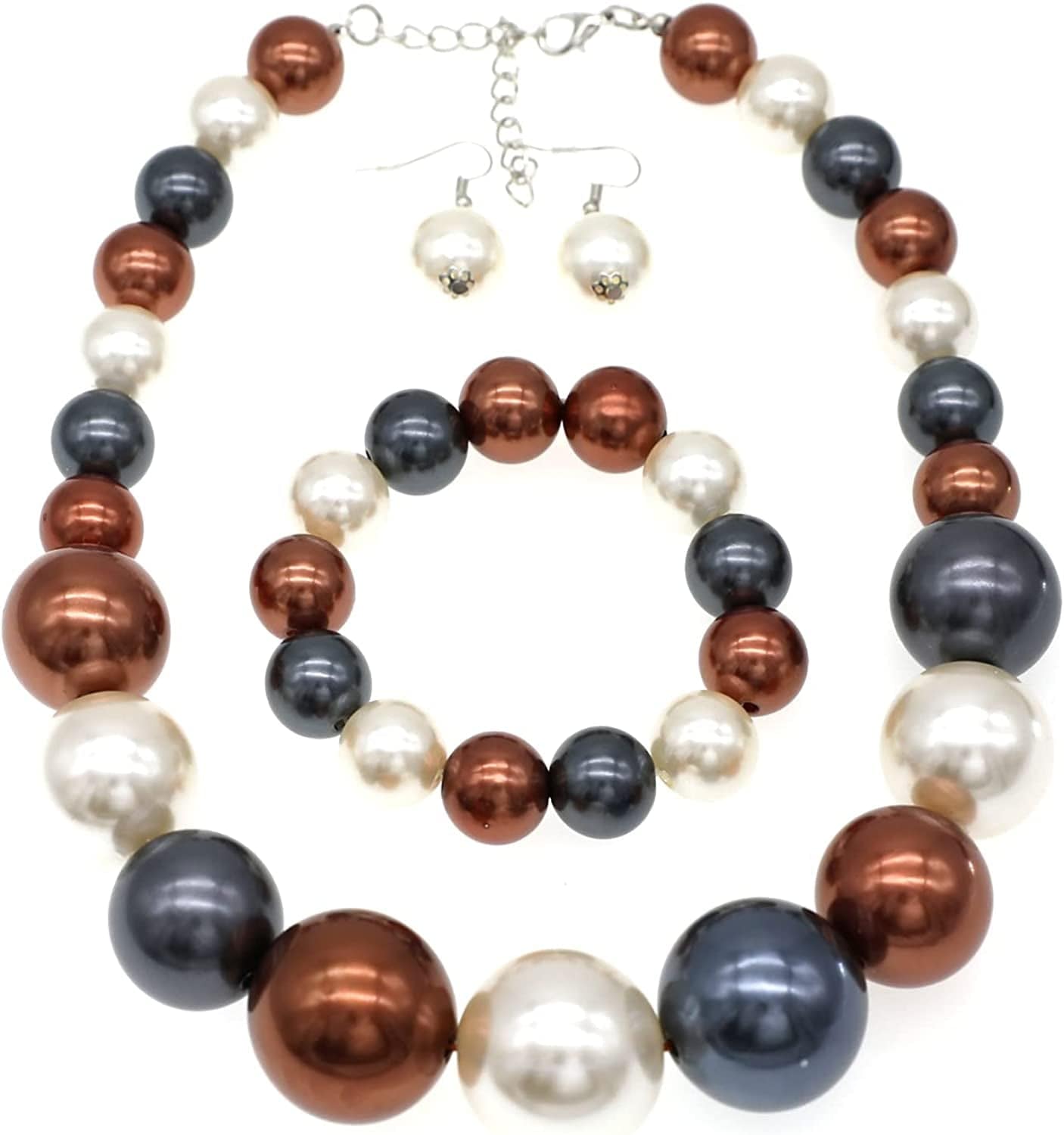 JNF Large Big Pearl Necklace and Earring Set Multi Strand Pearl Necklace Costume Jewelry Chunky Pearls Necklaces for Women colored pearl necklaces grey champagne