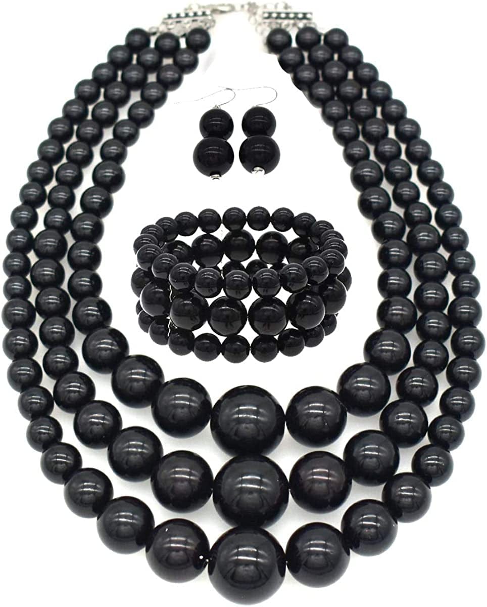 JNF Large Big Pearl Necklace and Earring Set Multi Strand Pearl Necklace Costume Jewelry Chunky Pearls Necklaces for Women black pearl necklace set