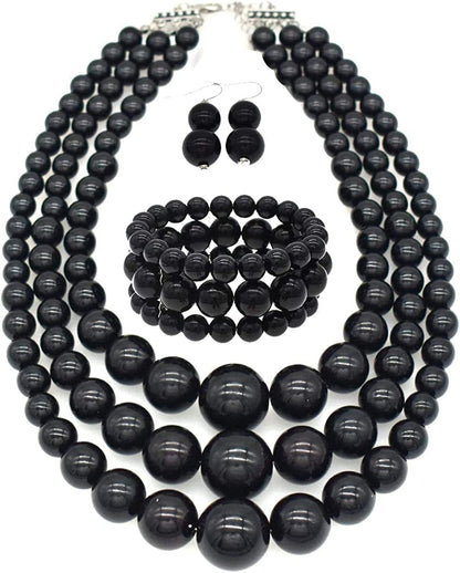 JNF Large Big Pearl Necklace and Earring Set Multi Strand Pearl Necklace Costume Jewelry Chunky Pearls Necklaces for Women black pearl necklace set