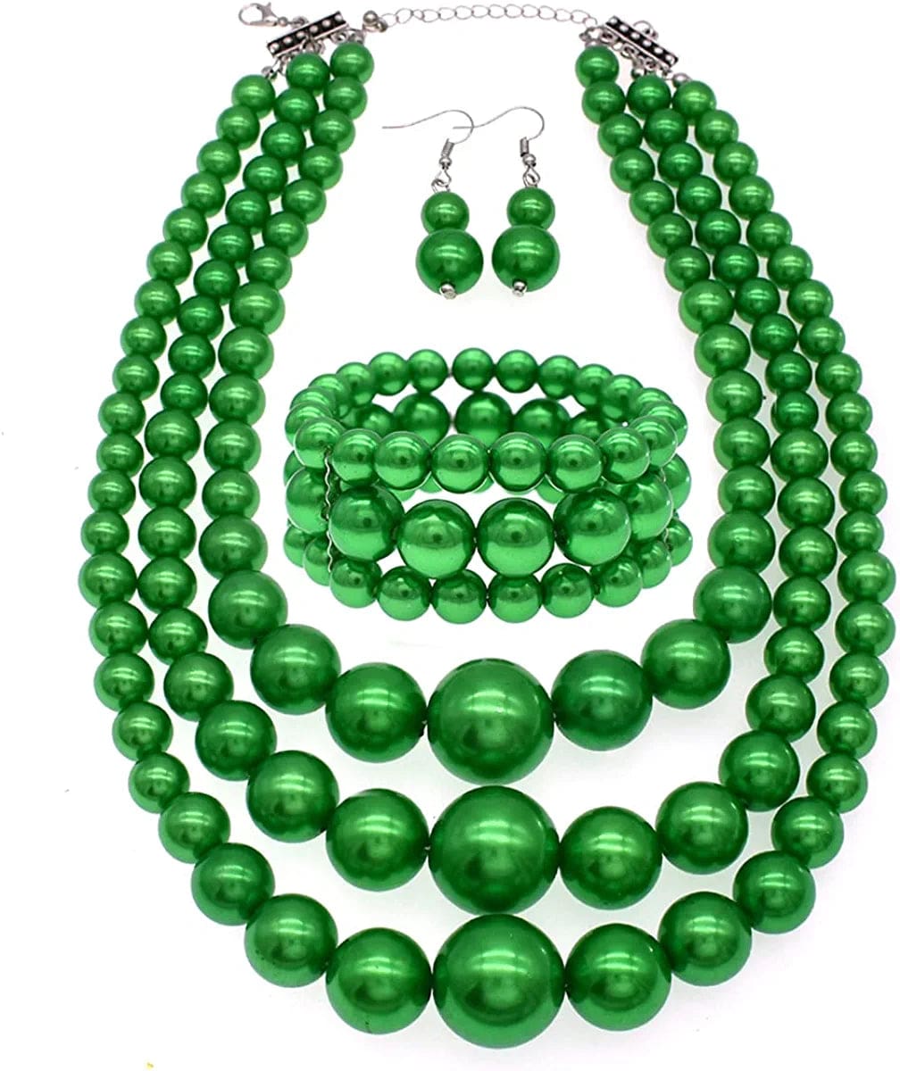 JNF Large Big Pearl Necklace and Earring Set Multi Strand Pearl Necklace Costume Jewelry Chunky Pearls Necklaces for Women green pearl necklace set