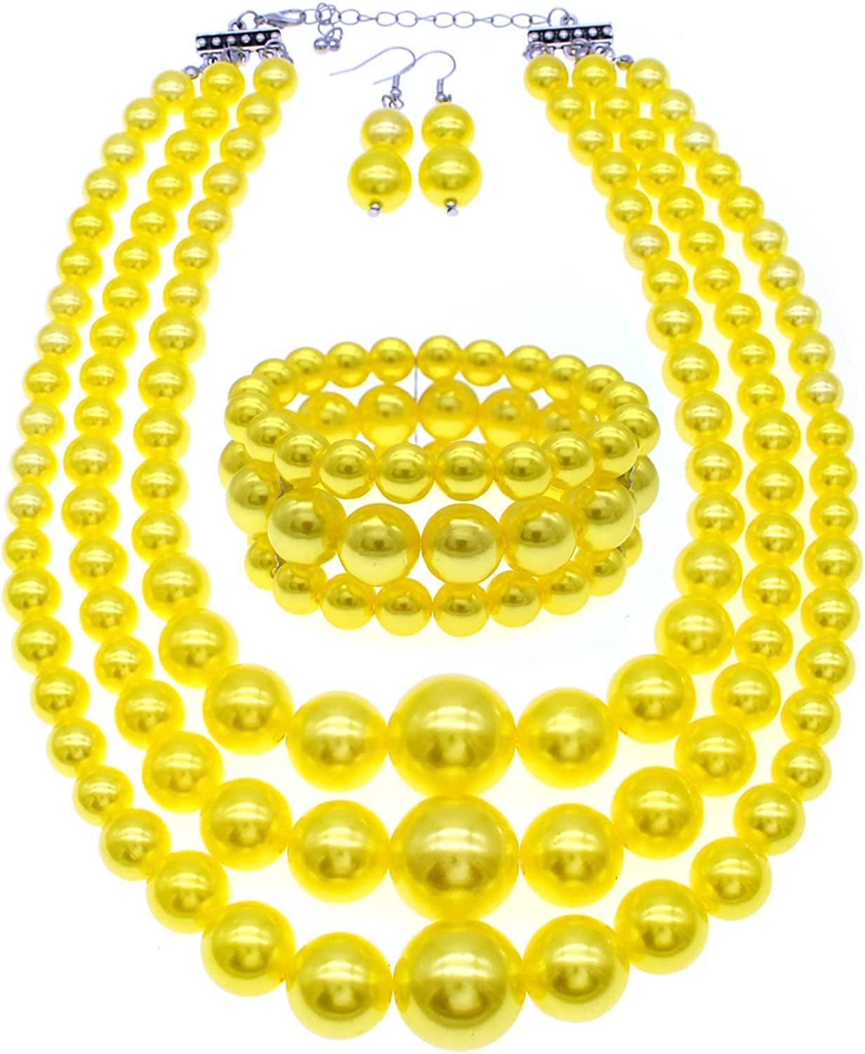 JNF Large Big Pearl Necklace and Earring Set Multi Strand Pearl Necklace Costume Jewelry Chunky Pearls Necklaces for Women yellow pearl necklace set