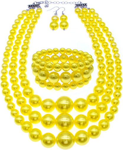 JNF Large Big Pearl Necklace and Earring Set Multi Strand Pearl Necklace Costume Jewelry Chunky Pearls Necklaces for Women yellow pearl necklace set