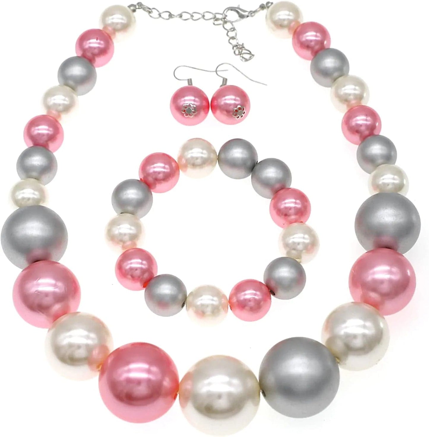 JNF Large Big Pearl Necklace and Earring Set Multi Strand Pearl Necklace Costume Jewelry Chunky Pearls Necklaces for Women colored pearl necklaces pink