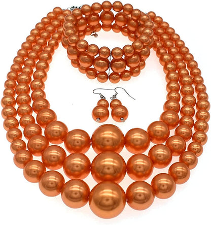 JNF Large Big Pearl Necklace and Earring Set Multi Strand Pearl Necklace Costume Jewelry Chunky Pearls Necklaces for Women