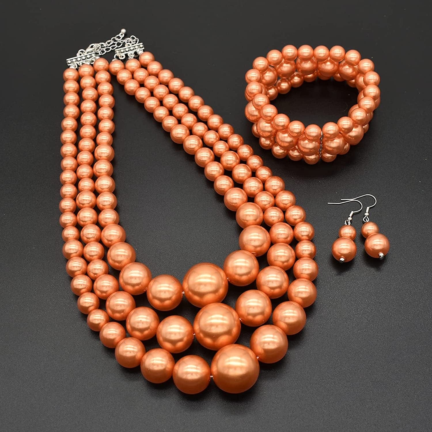 JNF Large Big Pearl Necklace and Earring Set Multi Strand Pearl Necklace Costume Jewelry Chunky Pearls Necklaces for Women