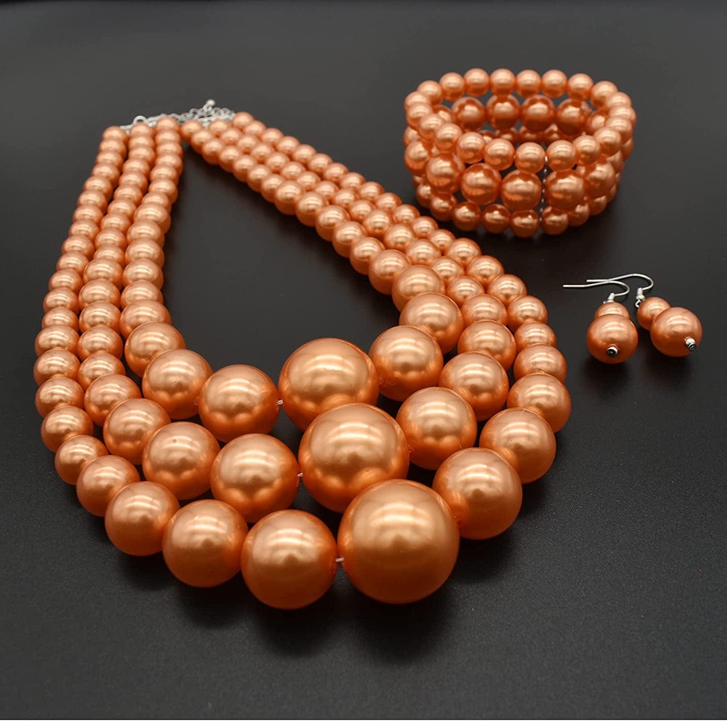 JNF Large Big Pearl Necklace and Earring Set Multi Strand Pearl Necklace Costume Jewelry Chunky Pearls Necklaces for Women