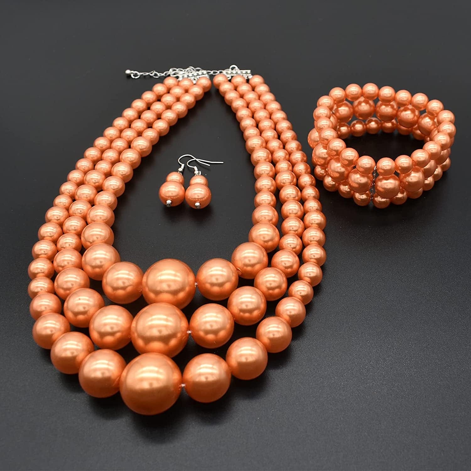 JNF Large Big Pearl Necklace and Earring Set Multi Strand Pearl Necklace Costume Jewelry Chunky Pearls Necklaces for Women