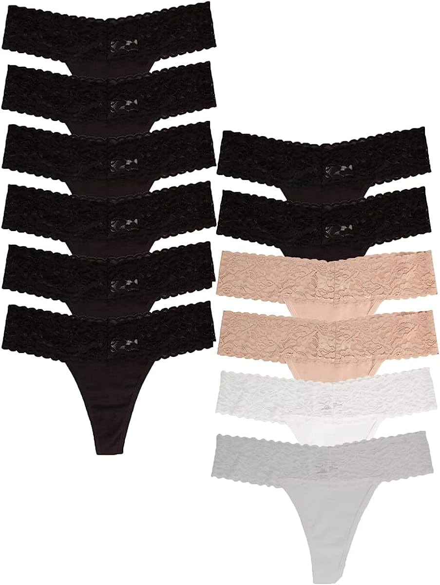 Jo & Bette (6 Pack or 12 Pack Cotton Womens Thong Underwear, Lace Trim Soft Sexy Lingerie Panties Set 6pk Black, 6pk Neutral / X-Small