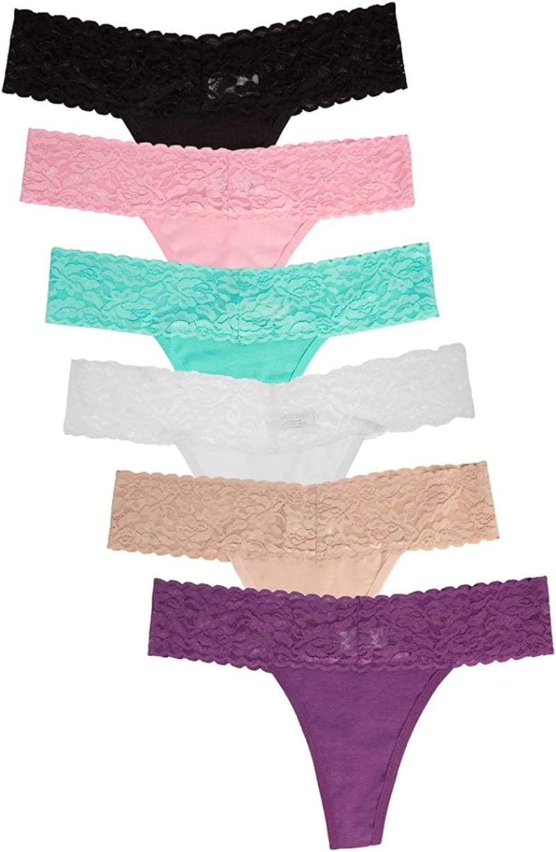 Jo & Bette (6 Pack or 12 Pack Cotton Womens Thong Underwear, Lace Trim Soft Sexy Lingerie Panties Set 6pk Pastels / Medium