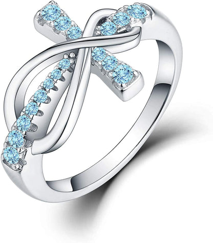 JO WISDOM 925 Sterling Silver Cubic Zirconia Cross Infinity Ring March,aquamarine Color / 6