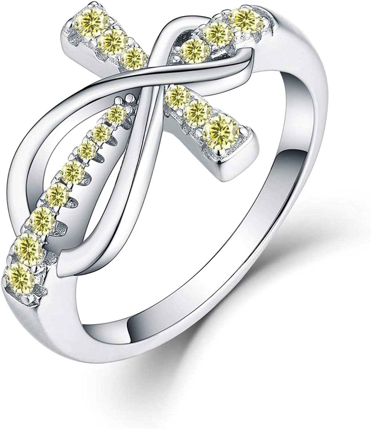 JO WISDOM 925 Sterling Silver Cubic Zirconia Cross Infinity Ring November,citrine Color / 6