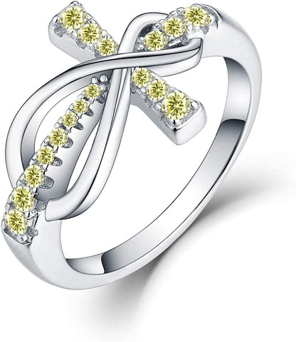 JO WISDOM 925 Sterling Silver Cubic Zirconia Cross Infinity Ring November,citrine Color / 6