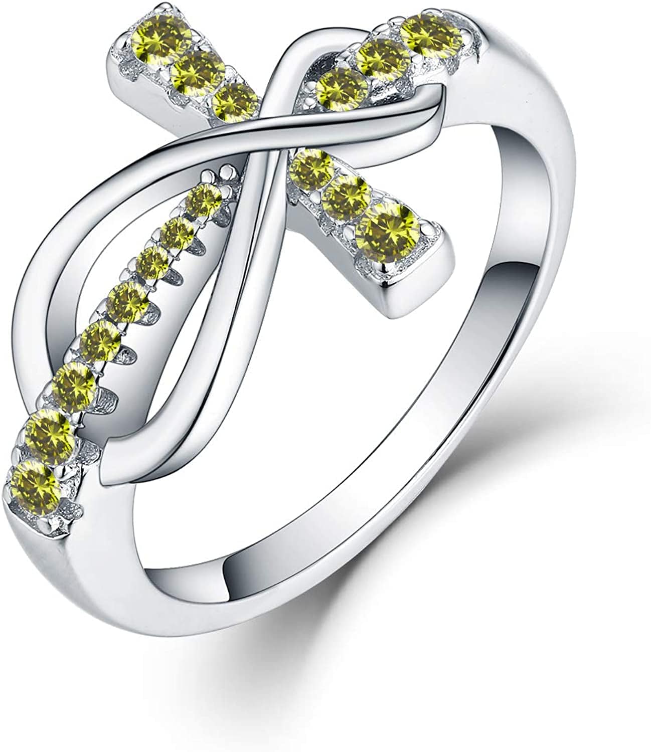 JO WISDOM 925 Sterling Silver Cubic Zirconia Cross Infinity Ring August,peridot Color / 6