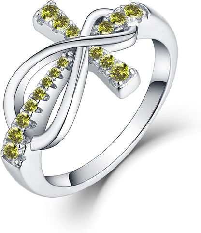JO WISDOM 925 Sterling Silver Cubic Zirconia Cross Infinity Ring August,peridot Color / 6