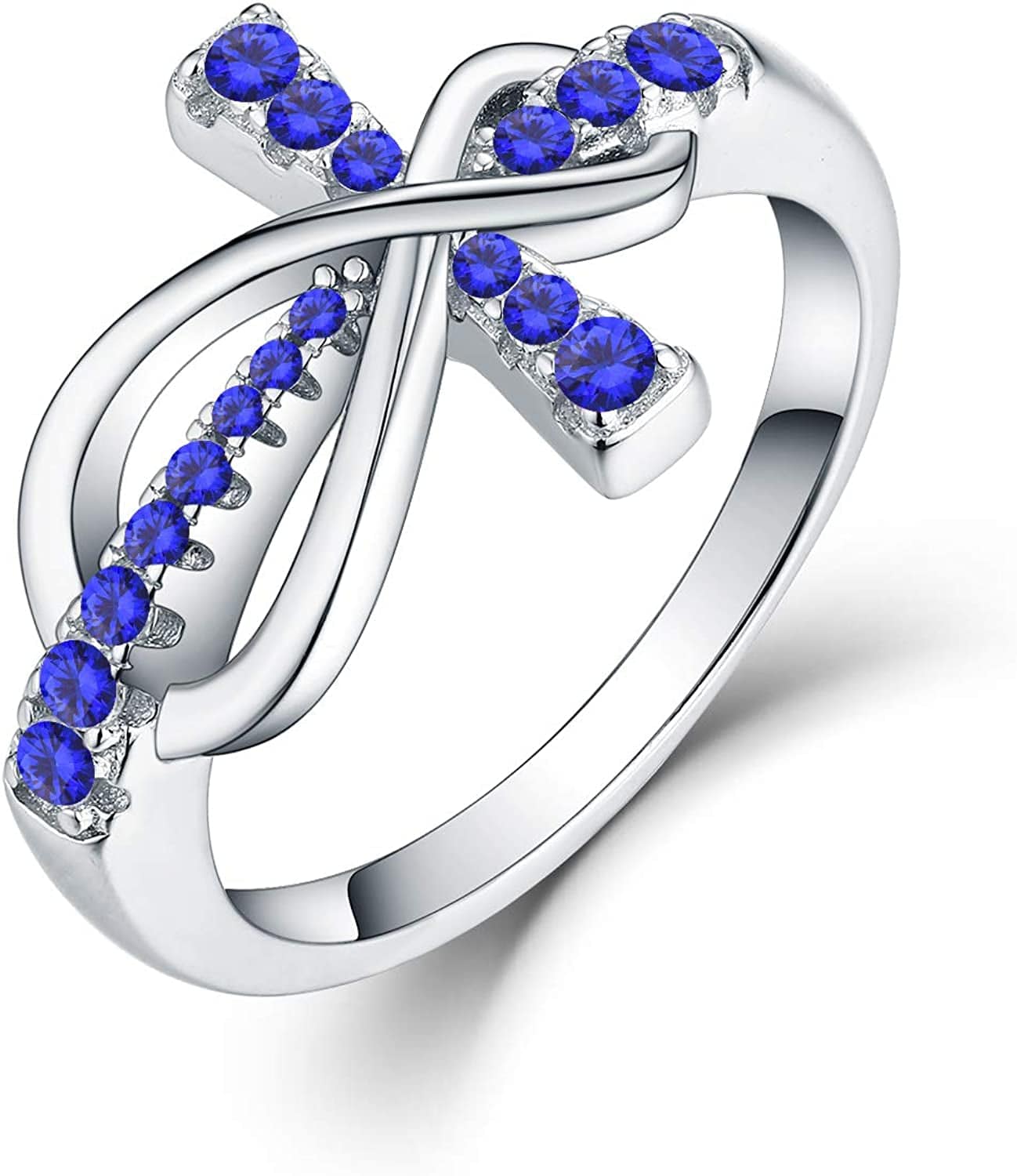 JO WISDOM 925 Sterling Silver Cubic Zirconia Cross Infinity Ring September,sapphire Color / 8