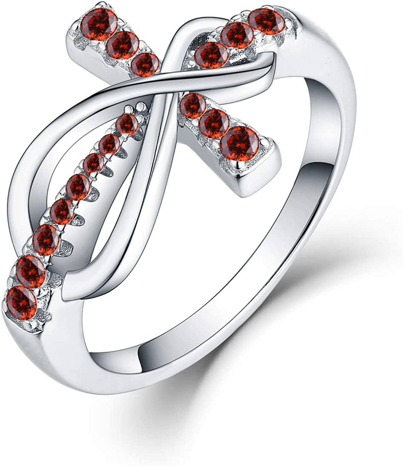 JO WISDOM 925 Sterling Silver Cubic Zirconia Cross Infinity Ring January, Garnet Color / 7