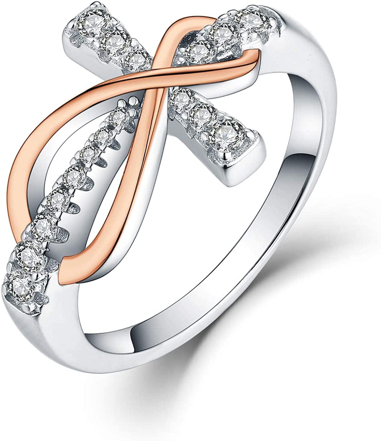 JO WISDOM 925 Sterling Silver Cubic Zirconia Cross Infinity Ring infinity part rose gold / 9