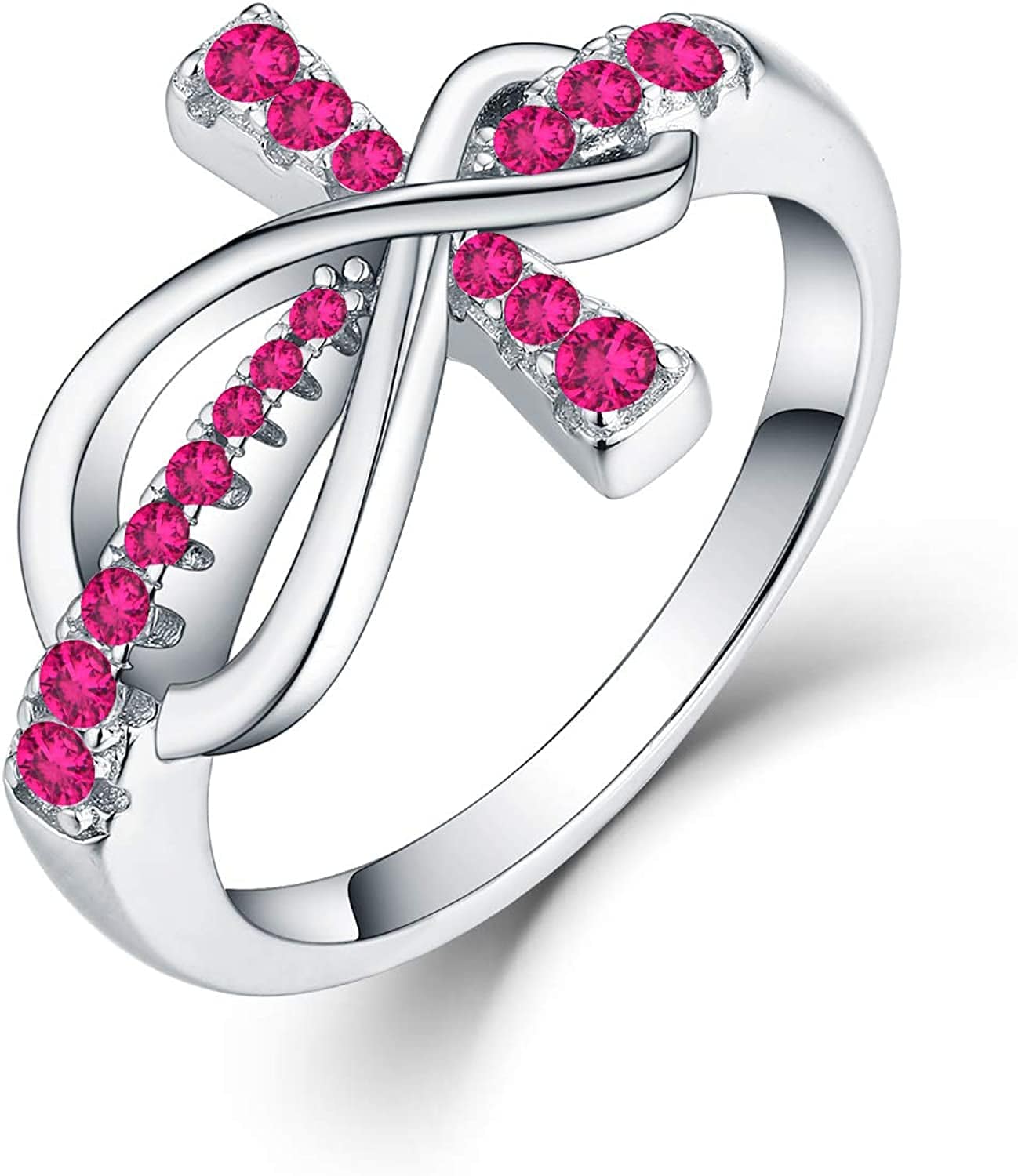 JO WISDOM 925 Sterling Silver Cubic Zirconia Cross Infinity Ring July,ruby Color / 5