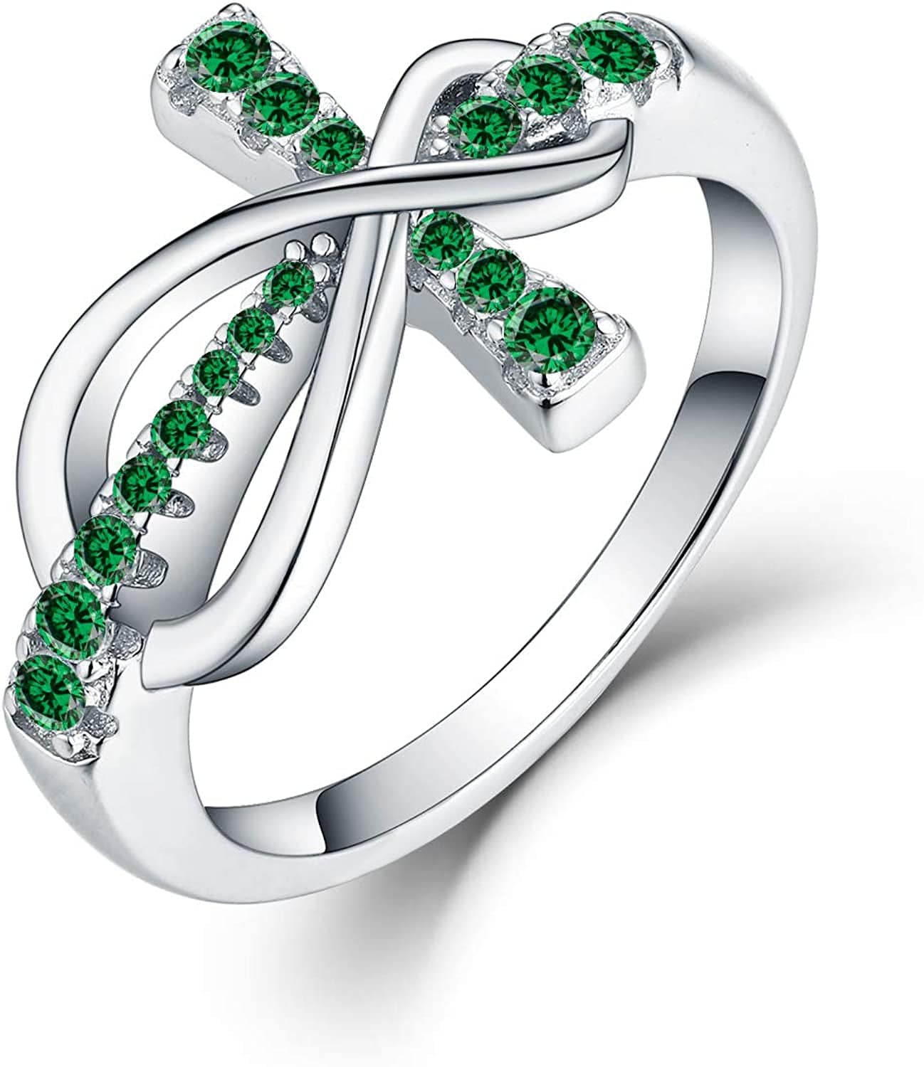 JO WISDOM 925 Sterling Silver Cubic Zirconia Cross Infinity Ring May,emerald Color / 9