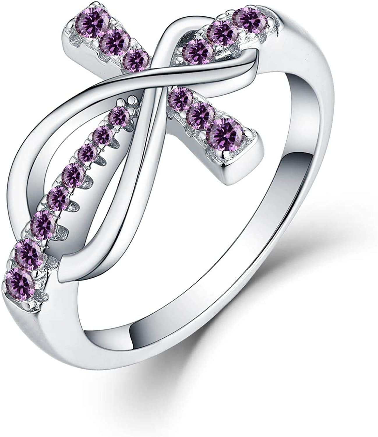 JO WISDOM 925 Sterling Silver Cubic Zirconia Cross Infinity Ring February,Amethyst Color / 10