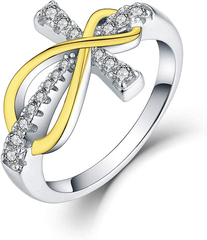 JO WISDOM 925 Sterling Silver Cubic Zirconia Cross Infinity Ring infinity part yellow gold / 5