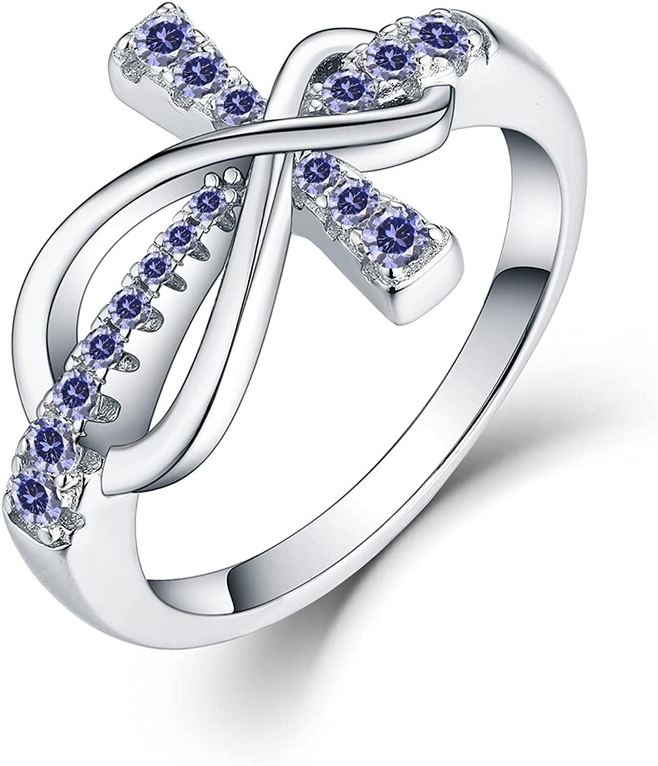 JO WISDOM 925 Sterling Silver Cubic Zirconia Cross Infinity Ring December,tanzanite Color / 10