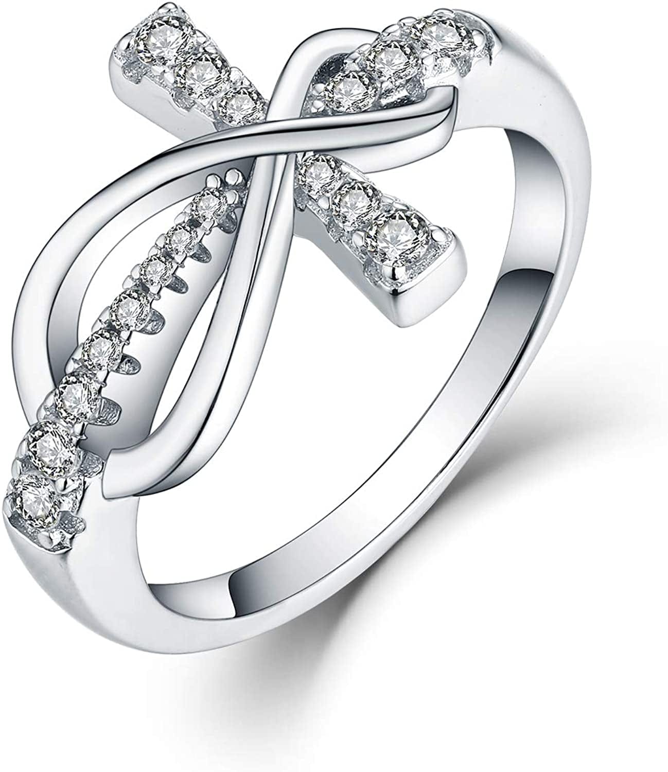 JO WISDOM 925 Sterling Silver Cubic Zirconia Cross Infinity Ring white gold / 8