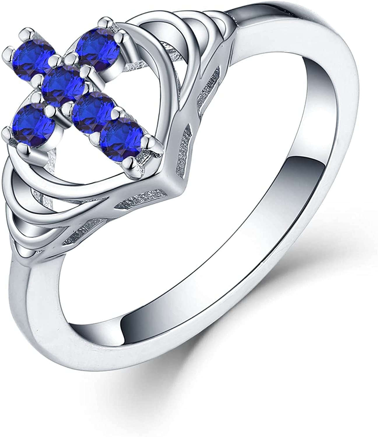 JO WISDOM 925 Sterling Silver Cubic Zirconia Heart Cross Ring September,Sapphire Color / 7
